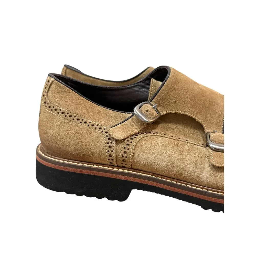 Martin Dingman Double Monk Strap Suede Shoes Mens 10 Tan Wingtip Vibram Lug Sole